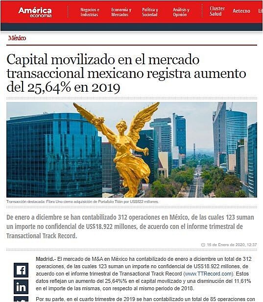 Capital movilizado en el mercado transaccional mexicano registra aumento del 25,64% en 2019